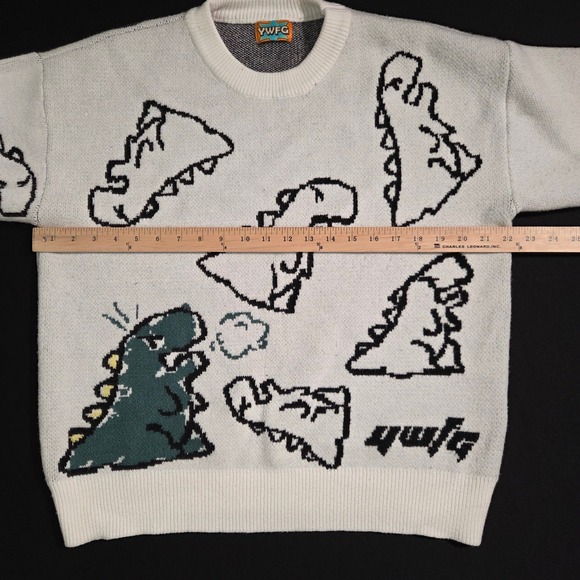 YWFG White Dinosaur Graphic Knit Sweater Women's Size L - Picture 6 of 8